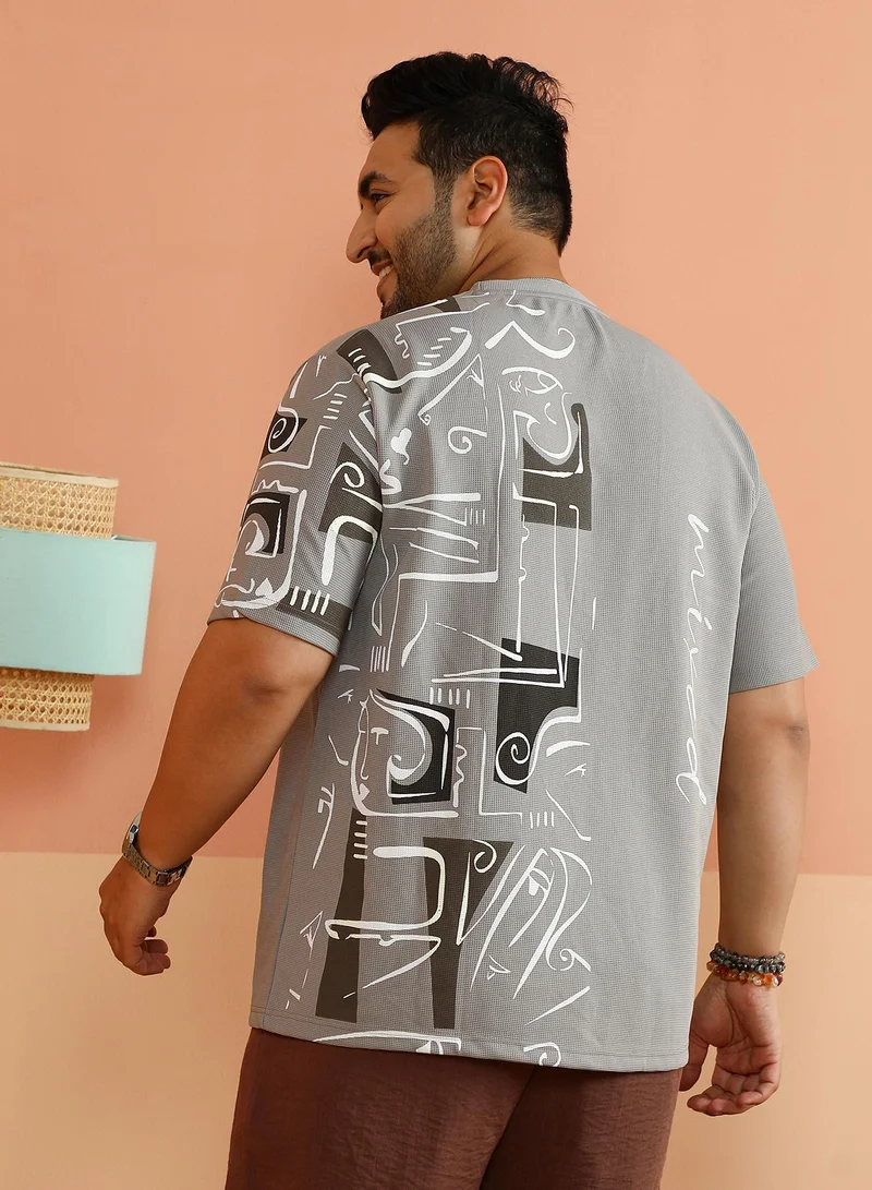 Instafab Plus Instafab Plus Men's Coin Grey Boxy Folk-Wave T-Shirt For Casual Wear | Crew Neck | Short Regular Sleeves | Pull On Closure | Plus Size T-Shirt Crafted With Comfort Fit For Everyday Wear