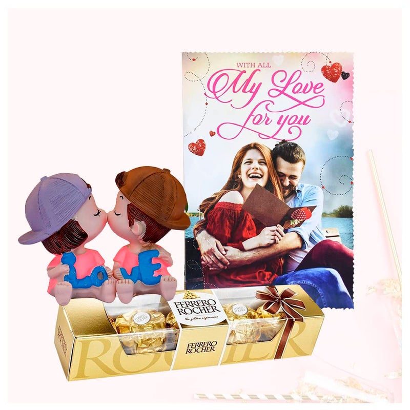 Saugat Traders Valentine Day Gift for Girlfriend, Boyfriend - Kissing Couple Showpiece, Chocolate and Greeting Card - Gift for Boys, Girls - Surprise Gift - Image 1