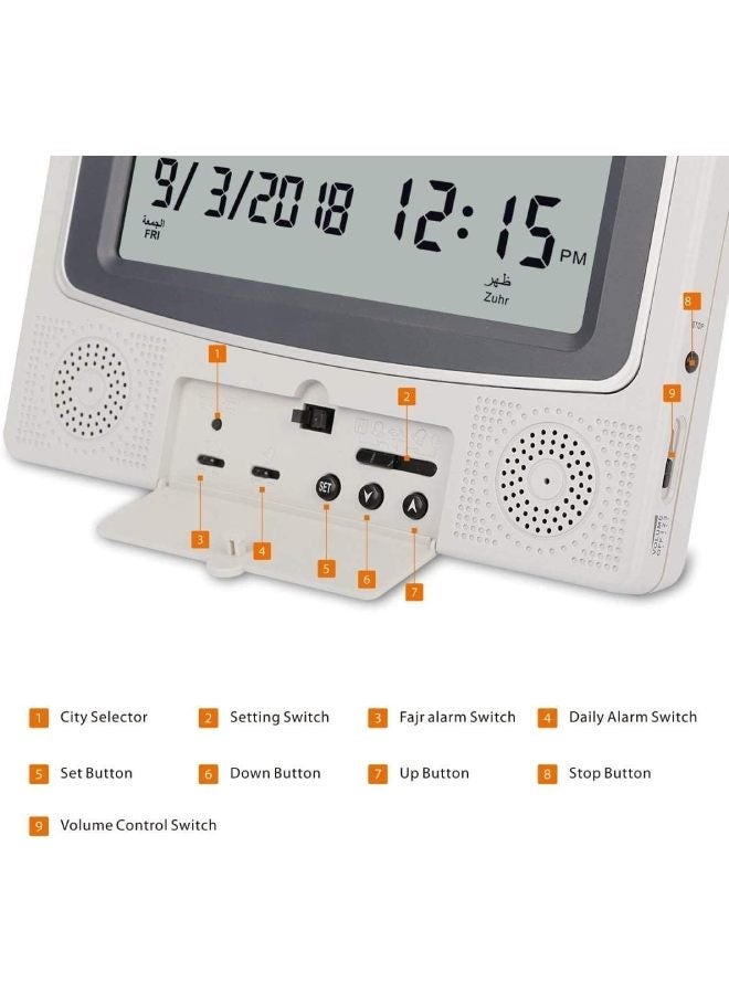 Digital Azan Table Alarm Clock Square Shape Carbon Fibre Silver/Black 22.5x21.5cm - Image 3