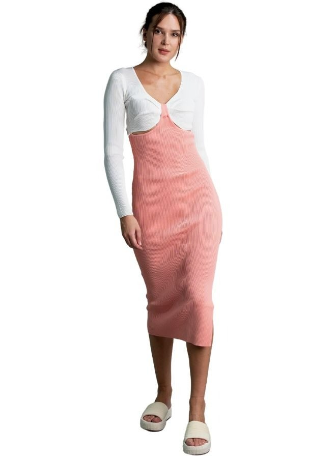 Mei Stylish Comfortable Contrast Square Neck Long Sleeve Fashionable Knit Dress For Women 135cm - Image 1