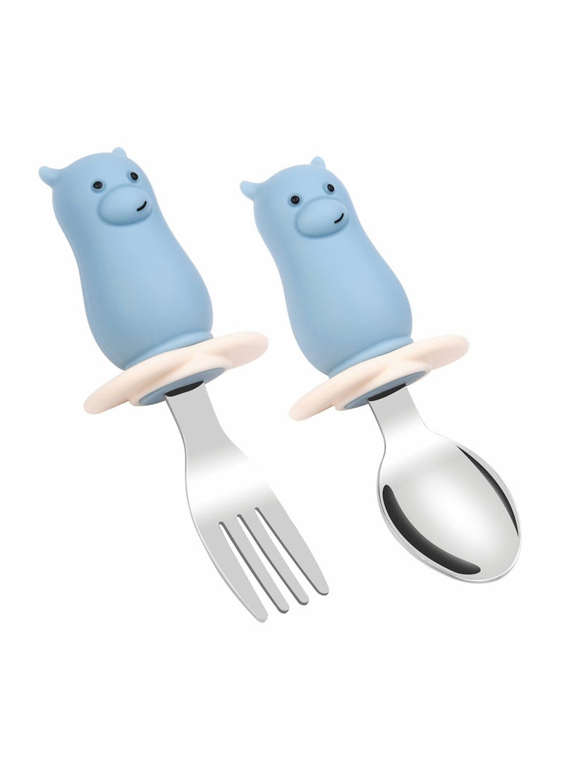 Baby Fork and Spoon Set, 2PCS Cutlery Set for Children, Silicone Stainless Steel Baby Short Handle Training Tableware Ergonomically Designed to Promote Self-Feeding in The Right Way - Image 1