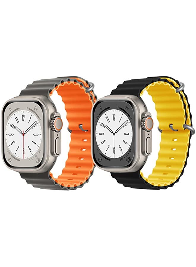 IAF Silicone Ocean Band Strap for Apple Watch Ultra 8 49mm Gray/Orange Double Side Strap with Black/Yellow Double Side Strap Set of 2