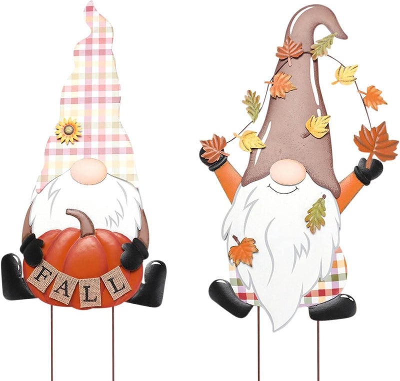 woobles Fall Decorations for Home, 2 Pack Decorative Garden Stakes with Gnomes Pumpkin Fall Decor, 11.8'' Metal Yard Sign for Outside Garden Yard Lawn Patio Backyard Thanksgiving Fall Decorations Yellow - Image 1