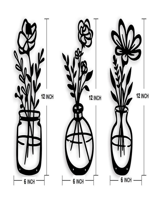 ROOT KRAFT 3 Pieces Black Wooden Flowers Wall Decor | Vase Wall Art | Wooden Wall Sculptures Hanging for Indoor Kitchen Bathroom Dining Room 12 inch x 6 inch (Design 2) - Image 2