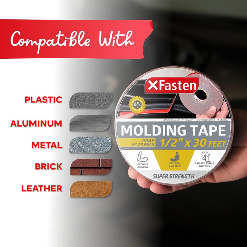 XFasten شريط تشكيل السيارات ذو القوة الفائقة، رمادي، 1/2 بوصة × 30 قدم، شريط تثبيت مزدوج الجوانب للتشكيل الخارجي لجسم السيارة، الزخارف، المرآة الجانبية، الشعار، لوحة الاسم والتطبيقات الخارجية - Image 5