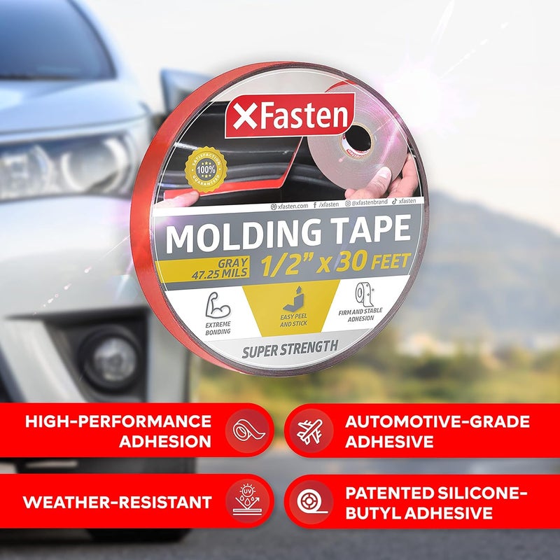 XFasten شريط تشكيل السيارات ذو القوة الفائقة، رمادي، 1/2 بوصة × 30 قدم، شريط تثبيت مزدوج الجوانب للتشكيل الخارجي لجسم السيارة، الزخارف، المرآة الجانبية، الشعار، لوحة الاسم والتطبيقات الخارجية - Image 2