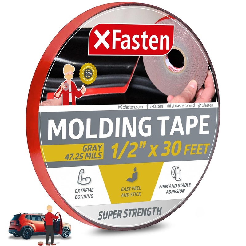 XFasten شريط تشكيل السيارات ذو القوة الفائقة، رمادي، 1/2 بوصة × 30 قدم، شريط تثبيت مزدوج الجوانب للتشكيل الخارجي لجسم السيارة، الزخارف، المرآة الجانبية، الشعار، لوحة الاسم والتطبيقات الخارجية - Image 1