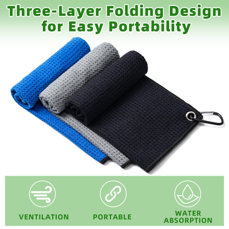 Husfunov 3 Pack Golf Towels(16" X 16") with Carabiner Clip,Microfiber Fabric Waffle Pattern Towels for Golf Bags,Tri-Fold Portable Towels for Men Women,Blue/Black/Gray - Image 5