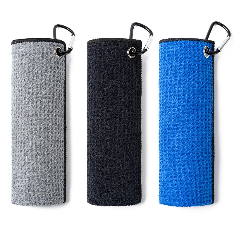 Husfunov 3 Pack Golf Towels(16" X 16") with Carabiner Clip,Microfiber Fabric Waffle Pattern Towels for Golf Bags,Tri-Fold Portable Towels for Men Women,Blue/Black/Gray - Image 1