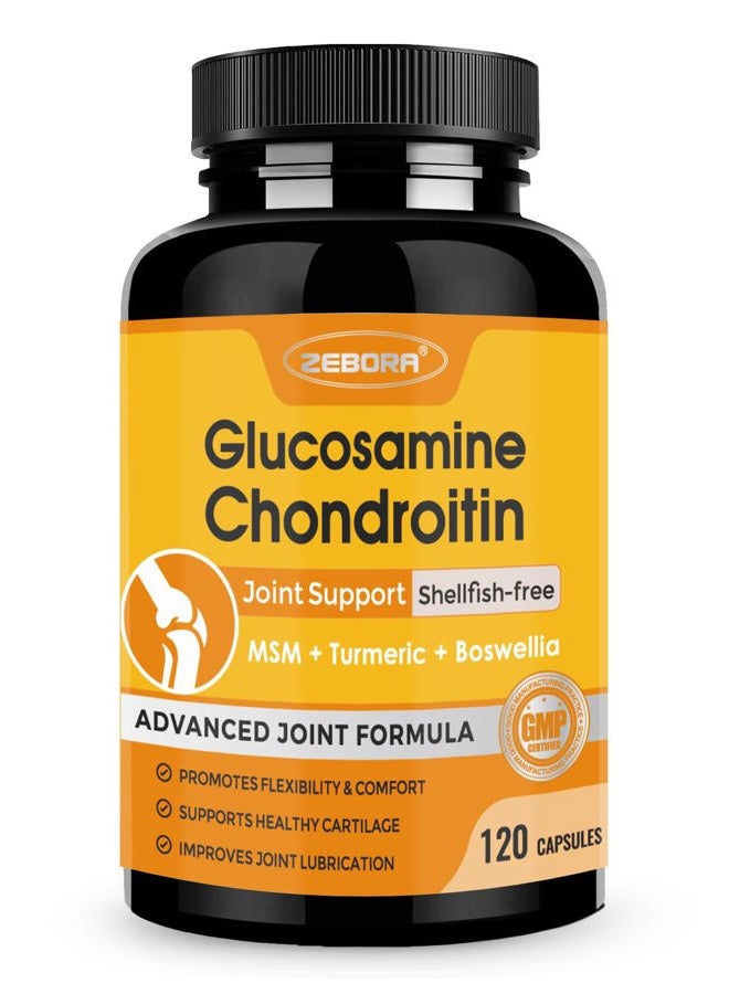 ZEBORA Glucosamine & Chondroitin, Joint Supplement for Women & Men, with MSM & Turmeric, Seafood Free, 120 Capsules - Image 1