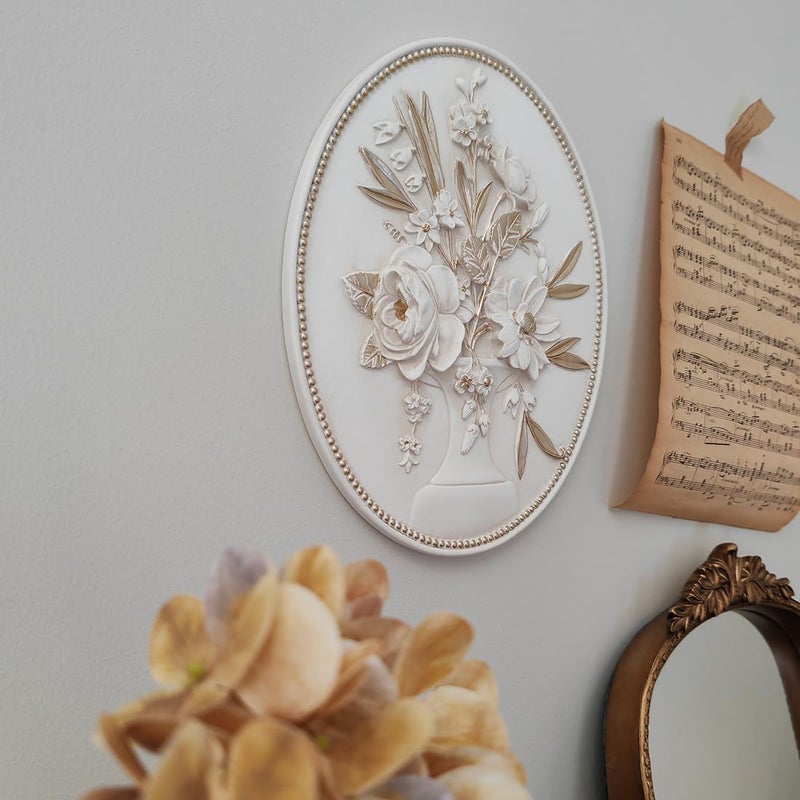 SIKOO Vintage Wall Sculptures White Flower Wall Art Hand Painted Ornate Wall Hanging Decoration Antique Pediment Wall Statue Ornament Decor Gallery for Kitchen Bedroom Living Room - Image 3