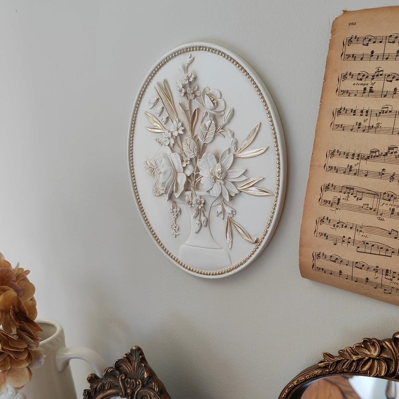 SIKOO Vintage Wall Sculptures White Flower Wall Art Hand Painted Ornate Wall Hanging Decoration Antique Pediment Wall Statue Ornament Decor Gallery for Kitchen Bedroom Living Room - Image 4