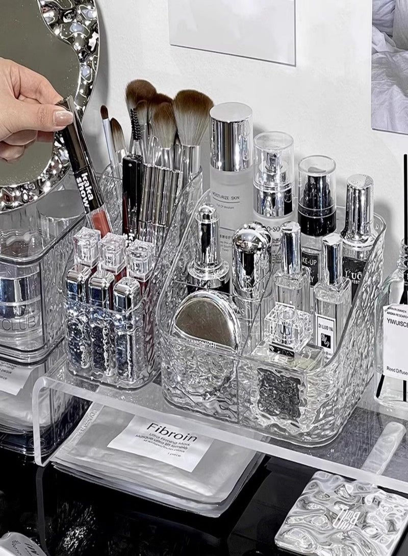 （2 Pieces）Large Capacity Makeup Brush Holder  3-Compartment Makeup Brush Cup and 4-Compartment Makeup Organizer,Perfume Storage Rack ,Transparent Plastic Makeup Holder, Make Up Brush Holder for Vanity Decor,Bathroom Countertops,Desk Storage Container,Cosmetic Display Cases - Image 1