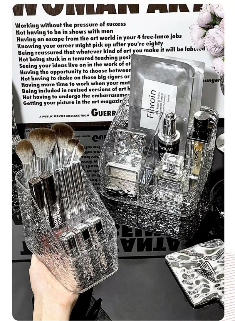 （2 Pieces）Large Capacity Makeup Brush Holder  3-Compartment Makeup Brush Cup and 4-Compartment Makeup Organizer,Perfume Storage Rack ,Transparent Plastic Makeup Holder, Make Up Brush Holder for Vanity Decor,Bathroom Countertops,Desk Storage Container,Cosmetic Display Cases - Image 2