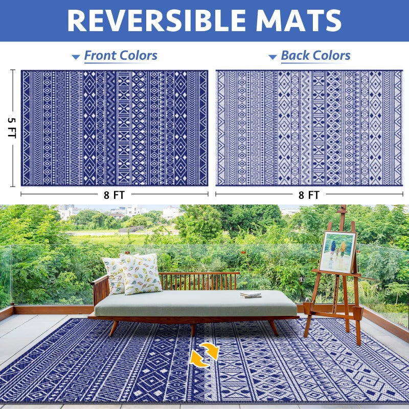 StepLively Outdoor Rug 5x8 ft, Reversible Waterproof Outdoor Plastic Straw Rug, Patio Rug Waterproof, Outdoor Large Area Rug for RV, Camping, Garden, Porch, All-Weather & Easy to Clean(Blue) - Image 2