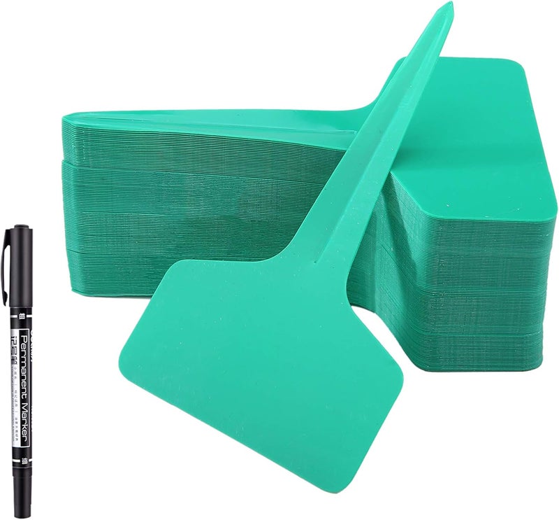 Mihey 100 Pcs T-Type Plant Labels with a Gel Pen, Waterproof Nursery Plant Tags Plastic Garden Markers, Green, 6 x 10cm - Image 1