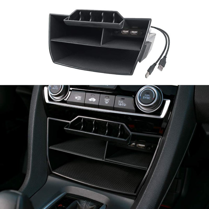 Thenice for 10th Gen Civic Central Console Storage Box Coins Trays Cards Organizer with USB Extension Cable for Honda Civic Sedan 2016 2017 2018 2019