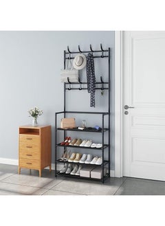 Multi-purpose shoe organizer and stand for shoes and bags with hooks for coats and hats – Elegant and modern metal design