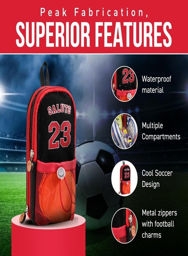 DEOXY Polyester Large Capacity Pencil Pouch with 3 Zippers & 5 Compartments - Waterproof Standing Pencil Case with Metal Zipper + Football Charm & Coin Pouch (Idol), red - Image 3