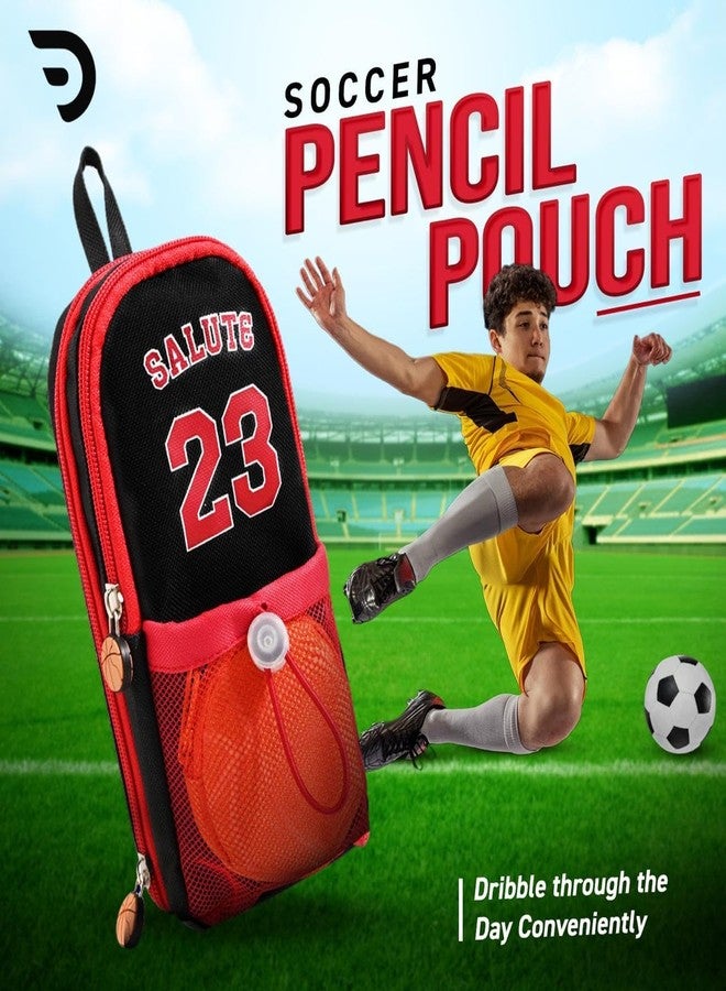 DEOXY Polyester Large Capacity Pencil Pouch with 3 Zippers & 5 Compartments - Waterproof Standing Pencil Case with Metal Zipper + Football Charm & Coin Pouch (Idol), red - Image 2