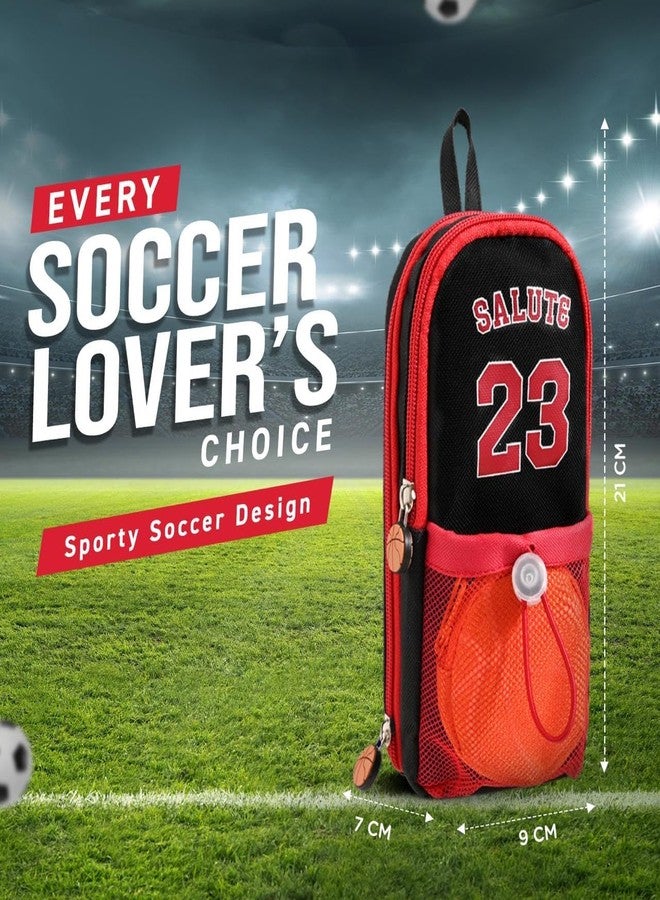 DEOXY Polyester Large Capacity Pencil Pouch with 3 Zippers & 5 Compartments - Waterproof Standing Pencil Case with Metal Zipper + Football Charm & Coin Pouch (Idol), red - Image 4