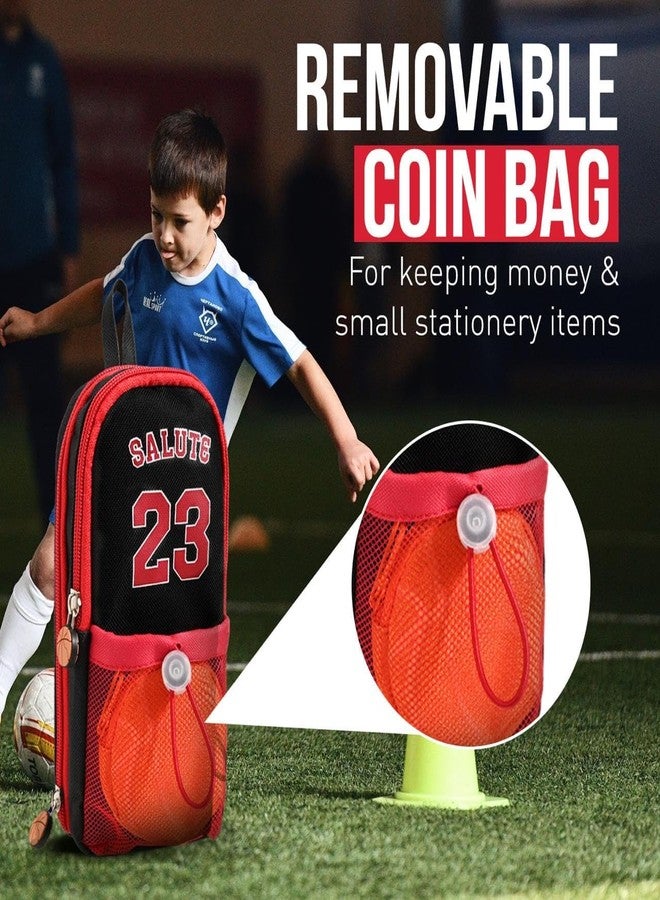 DEOXY Polyester Large Capacity Pencil Pouch with 3 Zippers & 5 Compartments - Waterproof Standing Pencil Case with Metal Zipper + Football Charm & Coin Pouch (Idol), red - Image 5