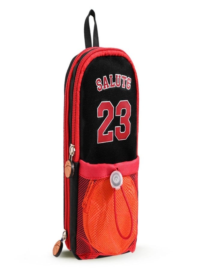 DEOXY Polyester Large Capacity Pencil Pouch with 3 Zippers & 5 Compartments - Waterproof Standing Pencil Case with Metal Zipper + Football Charm & Coin Pouch (Idol), red - Image 1