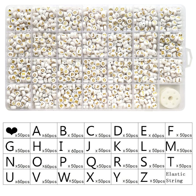 Looconi 1400pcs Letter Beads A-Z 4x7mm White On Gold Round Acrylic Alphabet Heart Beads and Beading Cord for Jewelry Making Bracelets Necklaces Key Chains - Image 3