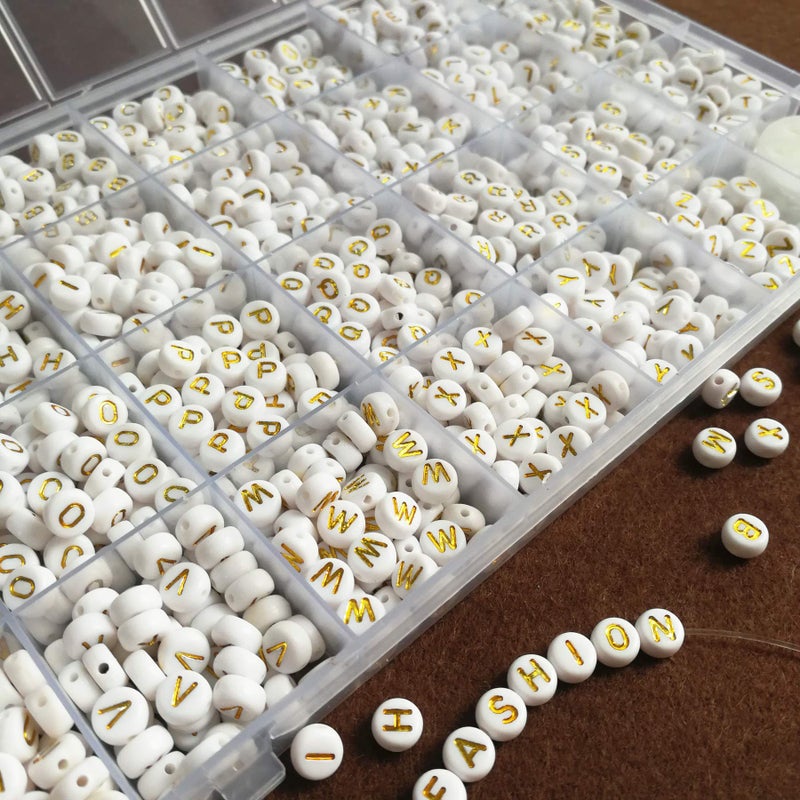 Looconi 1400pcs Letter Beads A-Z 4x7mm White On Gold Round Acrylic Alphabet Heart Beads and Beading Cord for Jewelry Making Bracelets Necklaces Key Chains - Image 5