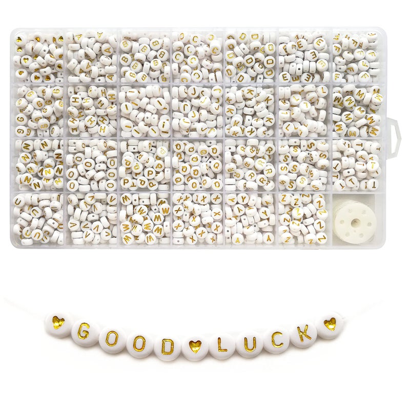 Looconi 1400pcs Letter Beads A-Z 4x7mm White On Gold Round Acrylic Alphabet Heart Beads and Beading Cord for Jewelry Making Bracelets Necklaces Key Chains - Image 1