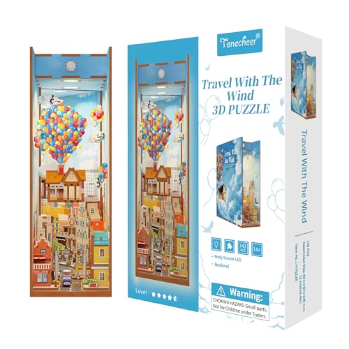 Tonecheer طقم نحت الكتب DIY من Tonecheer للبالغين، 3D لغز خشبي حامل كتب إدراج ديكور مكتبة، طقم منزل مصغر لزاوية الكتب مع مستشعر حركة الجسم وإضاءة LED (السفر مع الريح) - Image 1