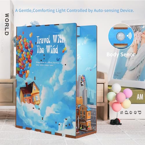 Tonecheer طقم نحت الكتب DIY من Tonecheer للبالغين، 3D لغز خشبي حامل كتب إدراج ديكور مكتبة، طقم منزل مصغر لزاوية الكتب مع مستشعر حركة الجسم وإضاءة LED (السفر مع الريح) - Image 3