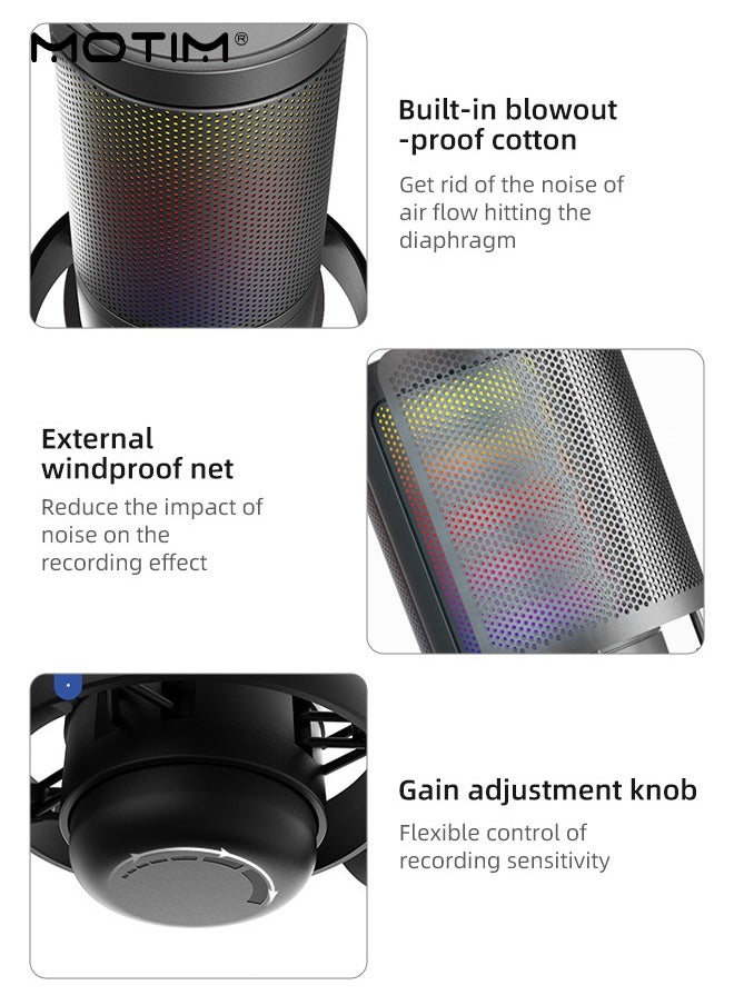 ميكروفون ألعاب ميكروفون مكثف Usb للألعاب، ميكروفون كمبيوتر مكتبي مكثف RGB، ميكروفون كمبيوتر مكتبي على الكمبيوتر الشخصي PS4/ PS4 / PS5 / Mac / الهاتف، كتم الصوت، مرشح البوب، حامل، للألعاب، البث، البودكاست، Twitch، Youtube، Discord