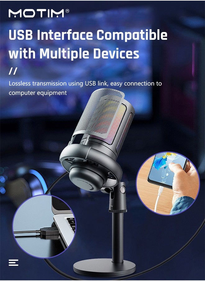 ميكروفون ألعاب ميكروفون مكثف Usb للألعاب، ميكروفون كمبيوتر مكتبي مكثف RGB، ميكروفون كمبيوتر مكتبي على الكمبيوتر الشخصي PS4/ PS4 / PS5 / Mac / الهاتف، كتم الصوت، مرشح البوب، حامل، للألعاب، البث، البودكاست، Twitch، Youtube، Discord