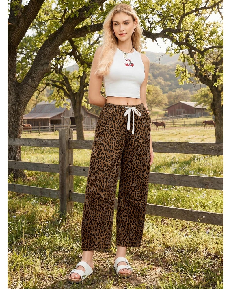GRAPENT Barrel Jeans Women High Waisted Women Jeans High Waisted Brown Drawstring Pants Barrel Pants Baggy Leg Brown Cheetah Size Medium US 8 to 10 - Image 4