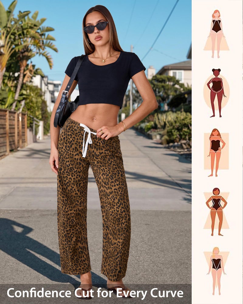 GRAPENT Barrel Jeans Women High Waisted Women Jeans High Waisted Brown Drawstring Pants Barrel Pants Baggy Leg Brown Cheetah Size Medium US 8 to 10 - Image 5