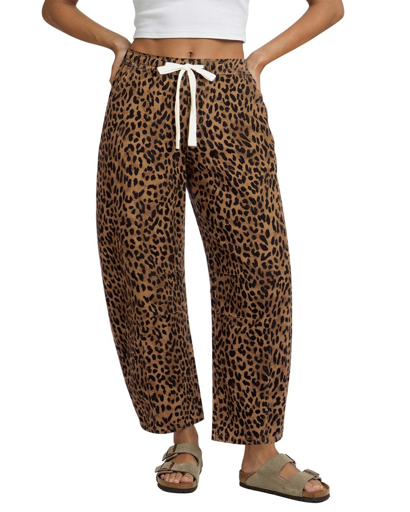 GRAPENT Barrel Jeans Women High Waisted Women Jeans High Waisted Brown Drawstring Pants Barrel Pants Baggy Leg Brown Cheetah Size Medium US 8 to 10 - Image 1