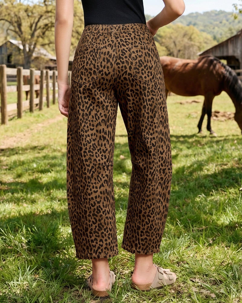GRAPENT Barrel Jeans Women High Waisted Women Jeans High Waisted Brown Drawstring Pants Barrel Pants Baggy Leg Brown Cheetah Size Medium US 8 to 10 - Image 3