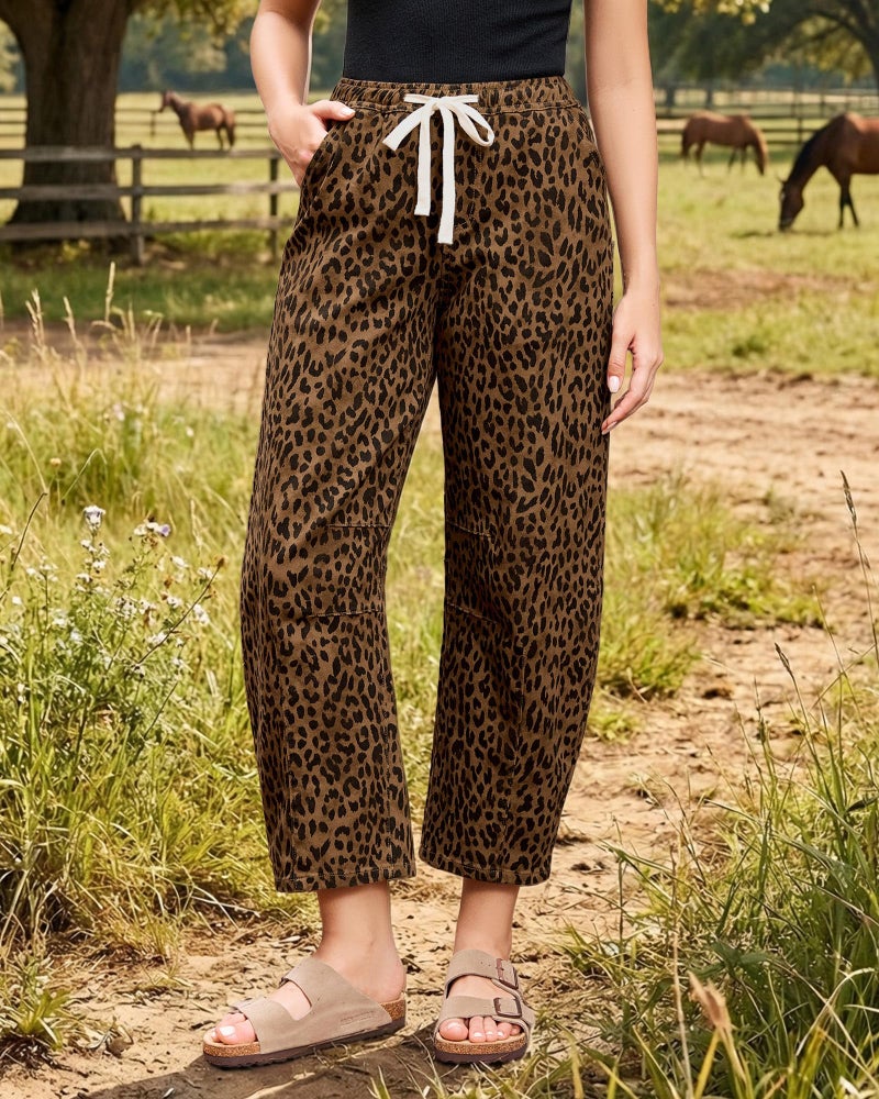 GRAPENT Barrel Jeans Women High Waisted Women Jeans High Waisted Brown Drawstring Pants Barrel Pants Baggy Leg Brown Cheetah Size Medium US 8 to 10 - Image 2