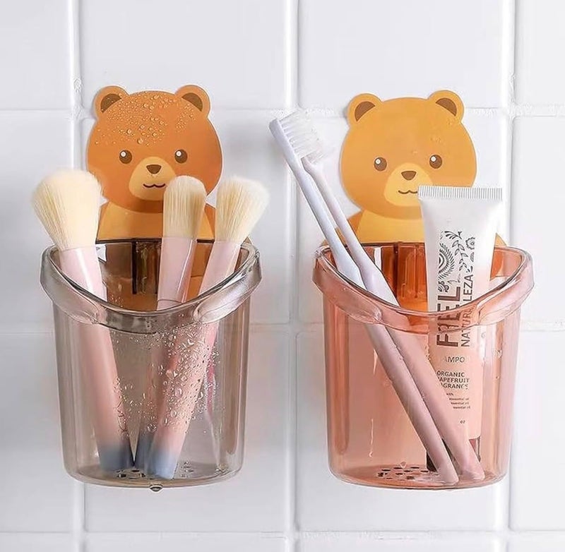 Bear Shaped Toothbrush Holder Wall Mounted Clear Plastic Multifunctional Bathroom Kitchen 2 Pieces