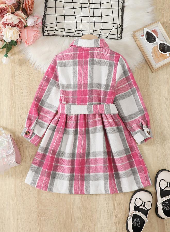 تايك تو فستان بناتي طويل بأزرار ورباط وحزام كاروهات - Image 2