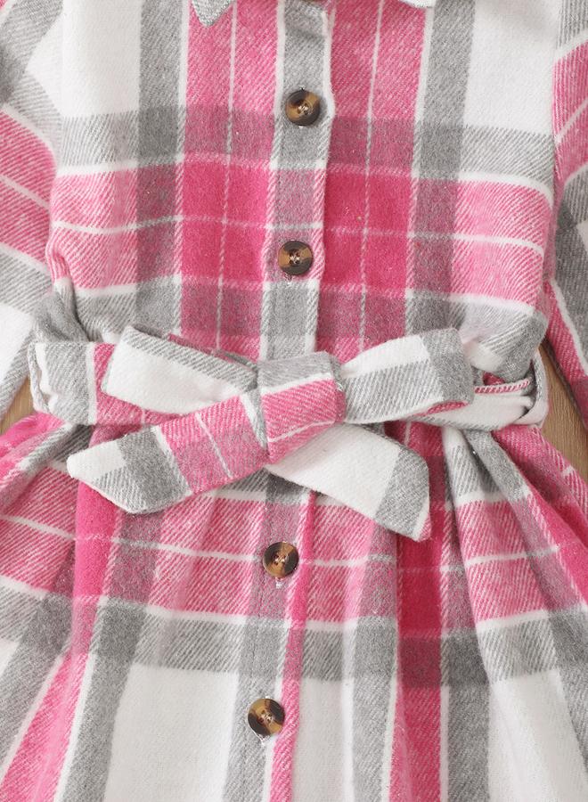 تايك تو فستان بناتي طويل بأزرار ورباط وحزام كاروهات - Image 4