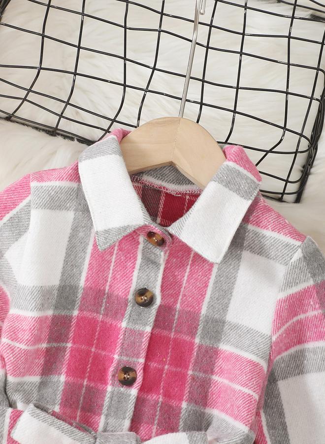 تايك تو فستان بناتي طويل بأزرار ورباط وحزام كاروهات - Image 3