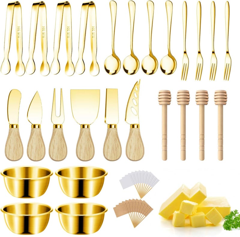 Mlurcu Charcuterie Boards Accessories Gold Charcuterie Utensils Cheese Butter Spreader Knife Set Small Serving Tongs Forks and Spoons Dipping Bowls Honey Dippers Toothpick Flags for Party Platter Making - Image 1
