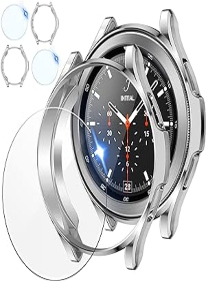 2 Pack Tensea Case For Samsung Galaxy Watch 4 46Mm, With 2 Pack Classic Screen Protector Tempered Glass Protective Film - Silver