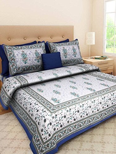 ART WORLD King Size Double Bed Sheet with Pillow Covers Pure Cotton Traditional Printed Bedcover (Blue, King) - Image 1