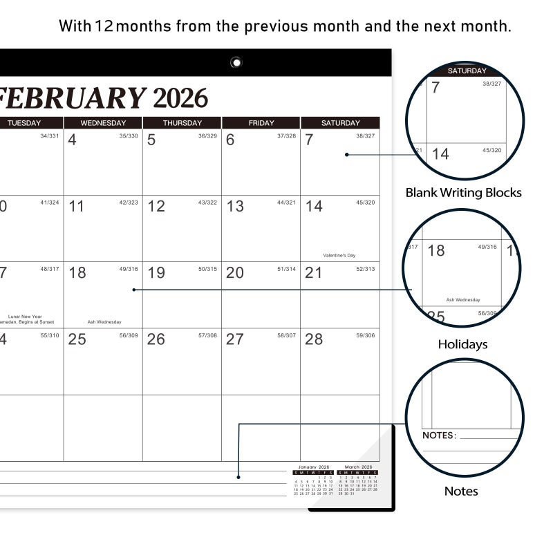 Tersus 2026 Desk Calendar - 12 Monthly Desk Calendar 2026, Feb.2026 - Dec.2026, 14.6" x 11.5", Desk/Wall Calendar 2-in-1, Thick Paper with Corner Protectors, Hanging Holes, Large Daily Blocks - Image 5