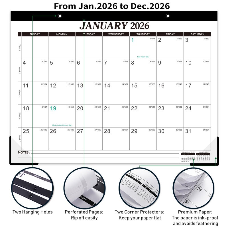 Tersus 2026 Desk Calendar - 12 Monthly Desk Calendar 2026, Feb.2026 - Dec.2026, 14.6" x 11.5", Desk/Wall Calendar 2-in-1, Thick Paper with Corner Protectors, Hanging Holes, Large Daily Blocks - Image 4