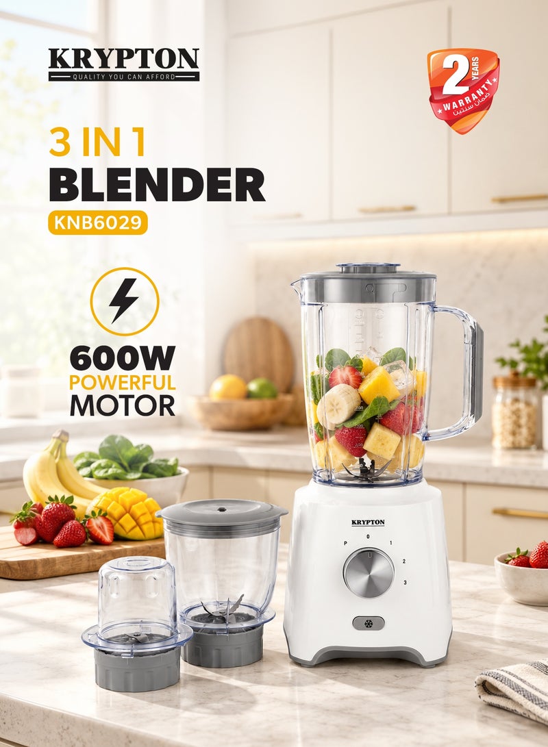 KRYPTON 3-In-1 Blender With Unbreakable  Jars, Stainless Steel Blade, 600W Powerful Motor with 3 Speed Setting and Pulse 1.8 L 600 W KNB6029 White/Grey - Image 1