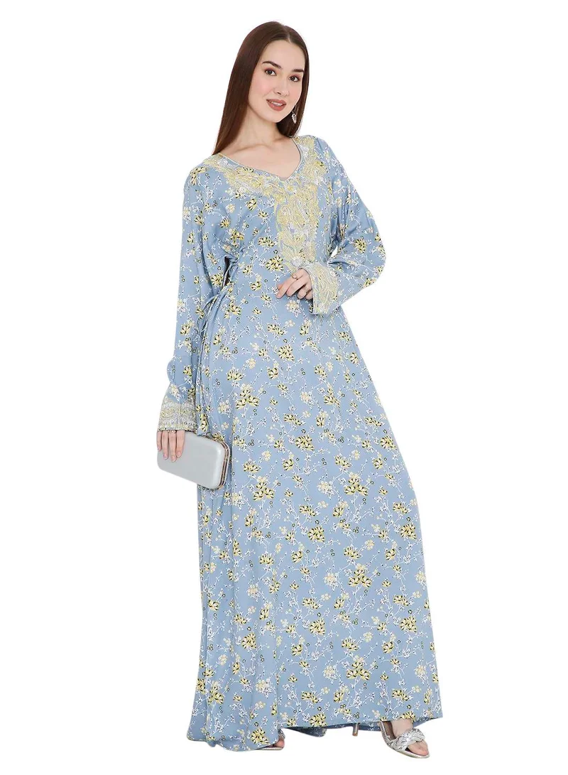 هانا آند سارا جلابية قفطان عربية أنيقة مطرزة بالخرز الحجري وطبعة متعددة الألوان